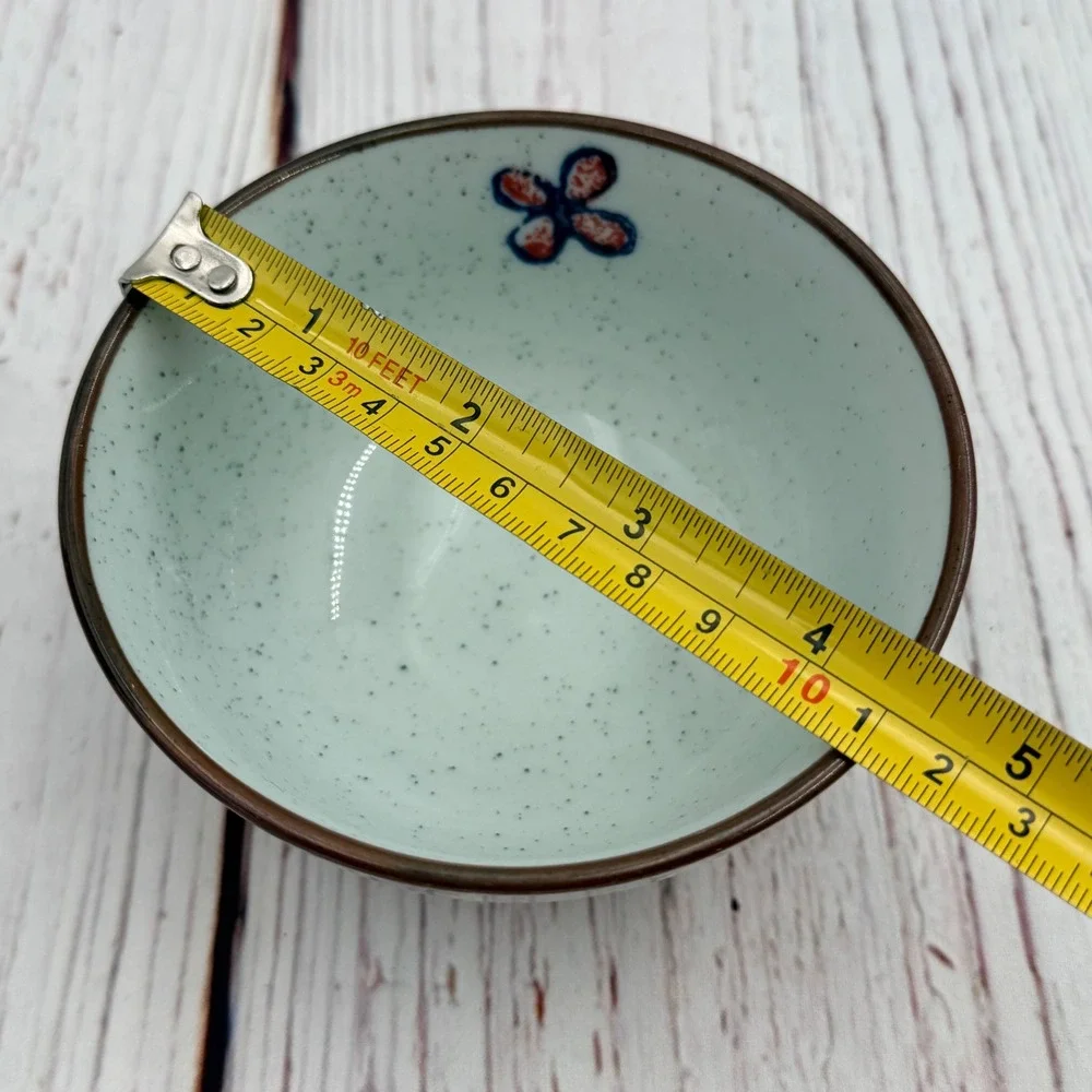 Japanese Iga-yaki Ceramic Cat Rice Bowl‎ Hand Painted Speckled Blue Orange 4.5